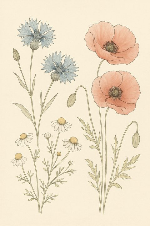 Botanische illustratie van korenbloemen, klaprozen en kamille in inkt en aquarel