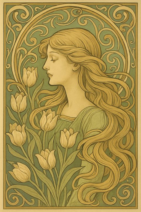 Art-nouveau-poster van een vrouw met lang golvend haar tussen tulpen en sierlijke lijnen