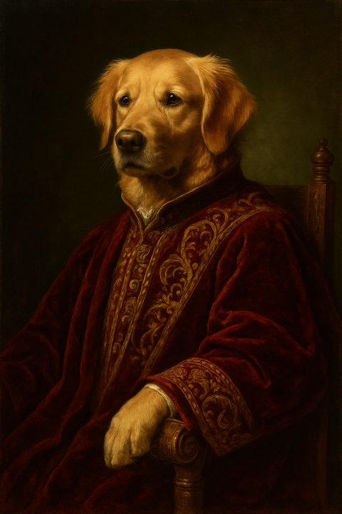 Renaissance-portret in olieverfstijl van een golden retriever in een bordeauxrode fluwelen mantel