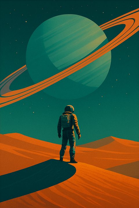 Retro-futuristische poster van een astronaut op een duin onder een grote planeet met ringen