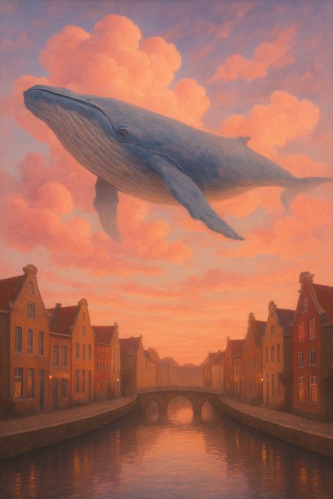 Surrealistisch schilderij van een walvis die door roze wolken boven een Nederlands grachtenstadje zweeft