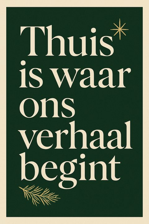 Typografische poster met de tekst ‘Thuis is waar ons verhaal begint’ in crèmekleurige letters op donkergroen