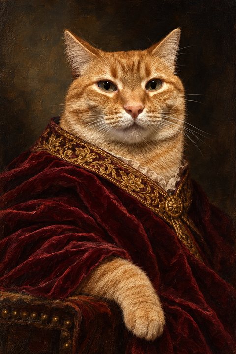 Renaissance-portret van dezelfde rode kater in een fluwelen mantel