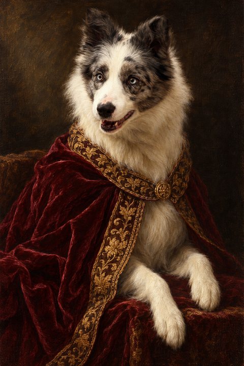 Renaissance-portret van dezelfde border collie met gouden kraag