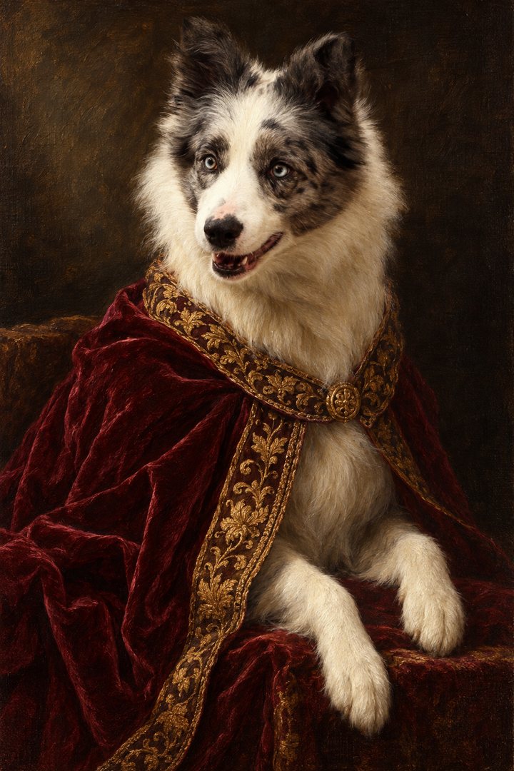 Klassiek portret van een blue merle border collie in een bordeauxrode fluwelen mantel