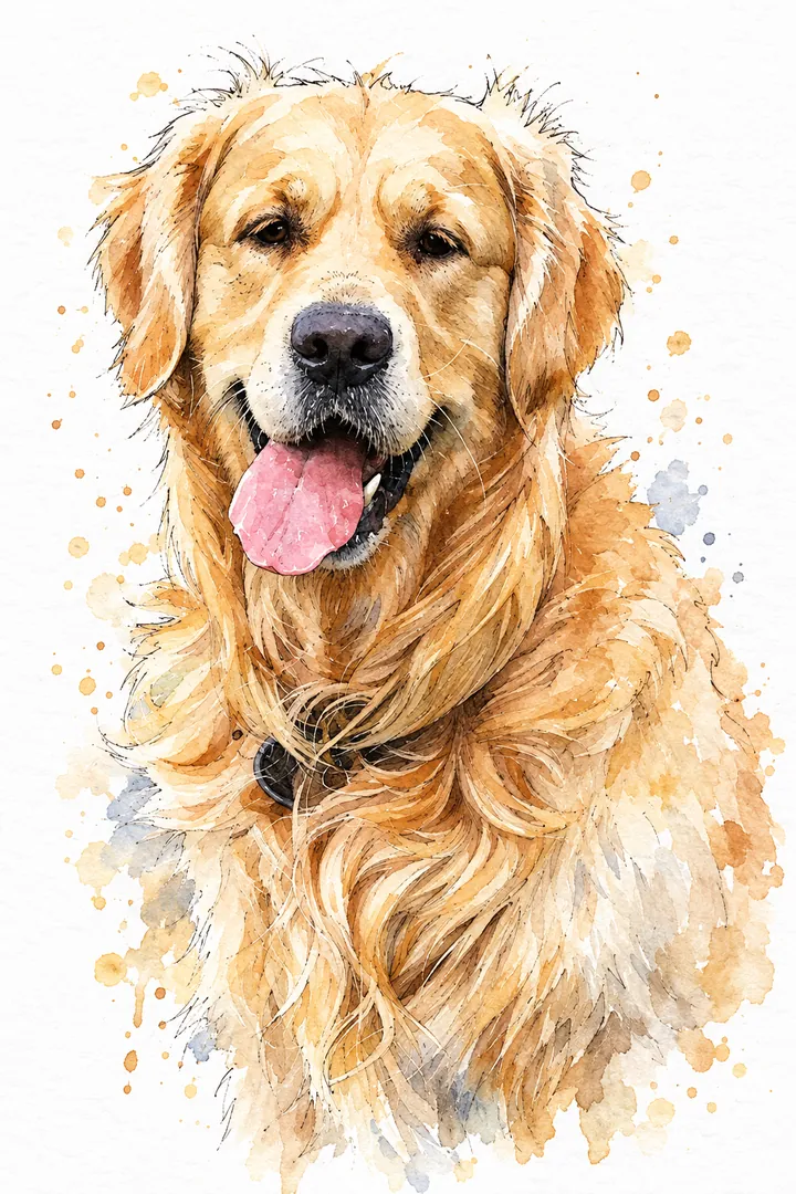 Aquarel van een golden retriever in zachte waterverf