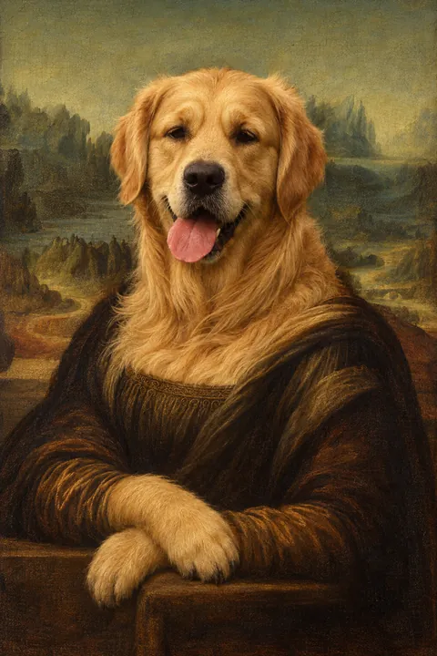 Golden retriever als Mona Lisa van Da Vinci