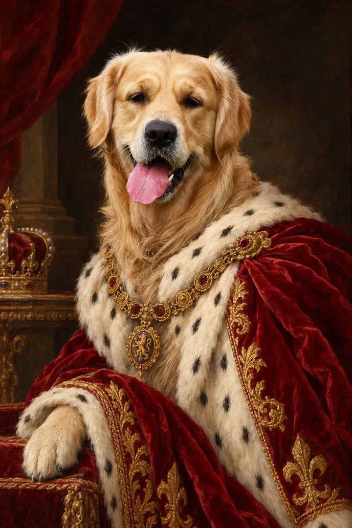 Golden retriever als koning in een rode fluwelen mantel met hermelijn, geschilderd