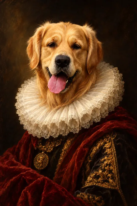 Golden retriever als Rembrandt-portret met witte kraag
