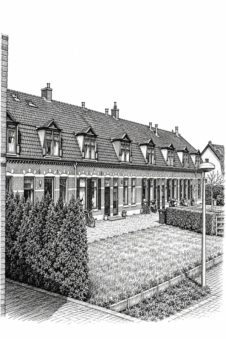 Pentekening van een rij Nederlandse huizen met arcering
