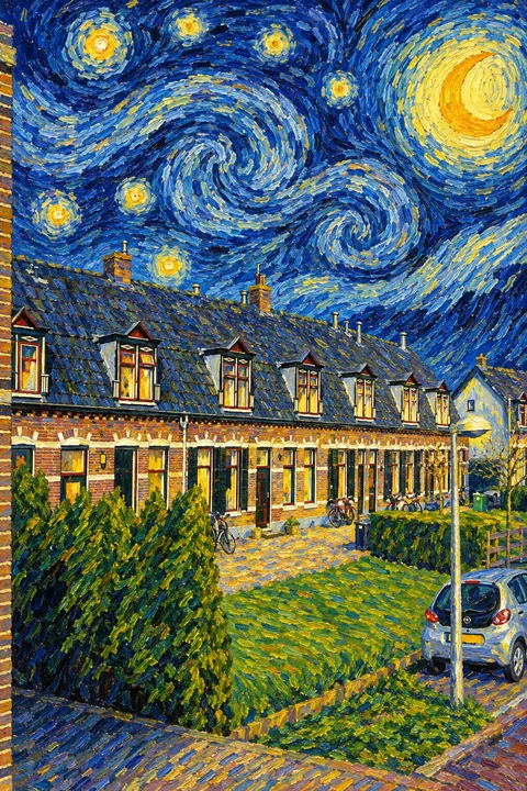 Dezelfde huizen in Van Gogh-stijl