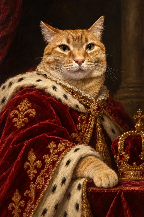 Rode kater als koning in rode fluwelen mantel