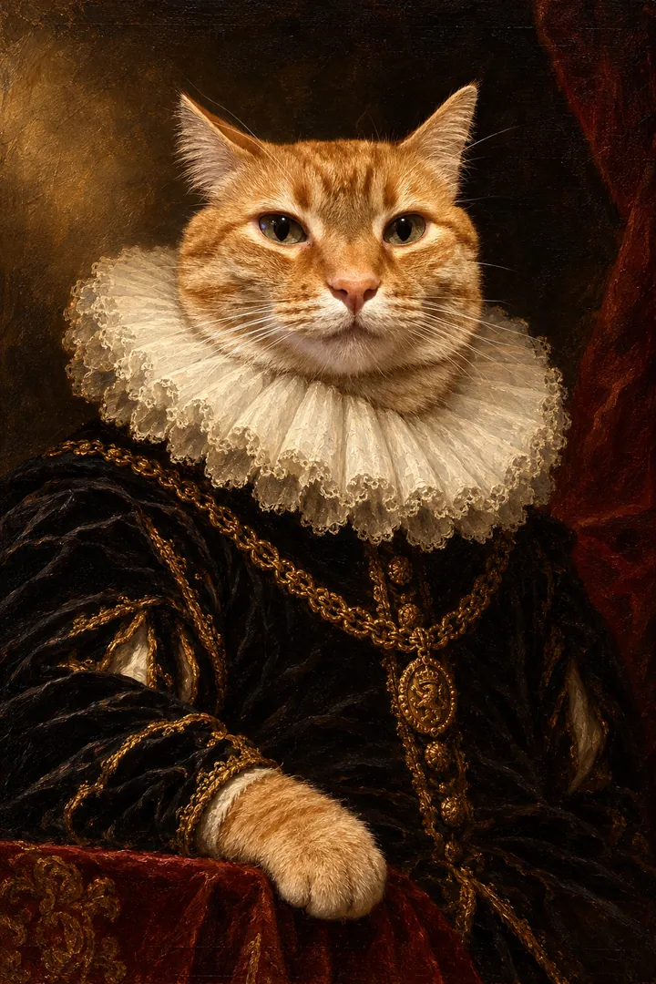Rode kater als Rembrandt-portret met witte molensteenkraag
