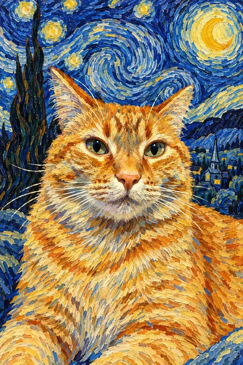 Rode kater in Van Gogh-stijl met sterrenhemel