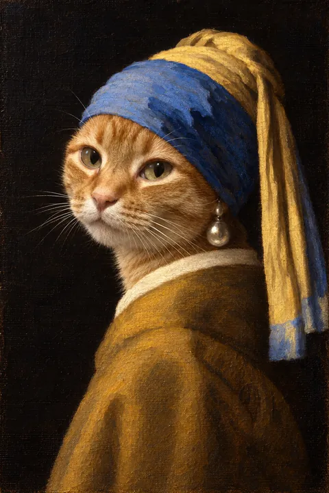 Rode kater als Meisje met de parel van Vermeer