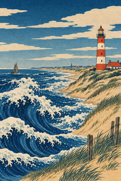 Nederlandse kust met vuurtoren als Japanse houtsnede