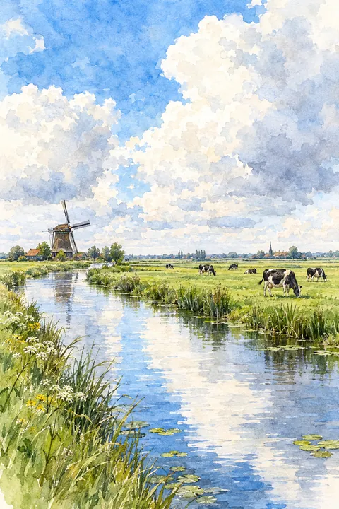 Aquarel van een Hollandse polder met koeien en een vaart