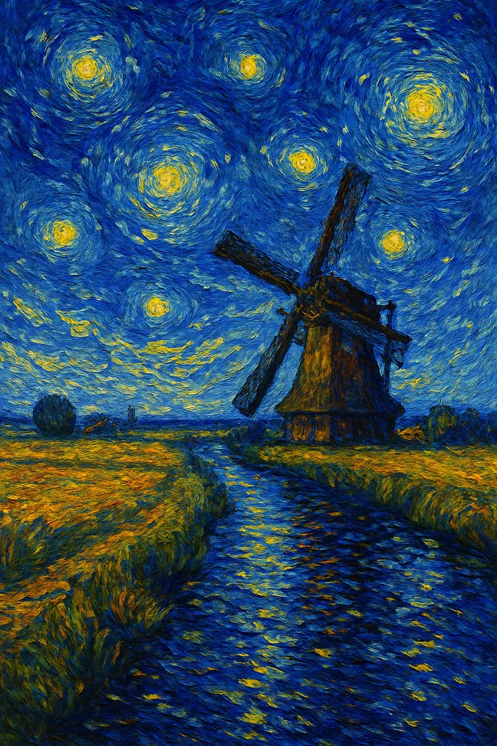 Nederlandse polder met molen in Van Gogh-stijl met sterrenhemel