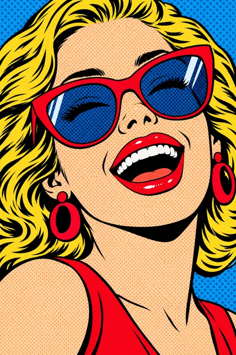 Pop-art portret van een lachende vrouw met zonnebril