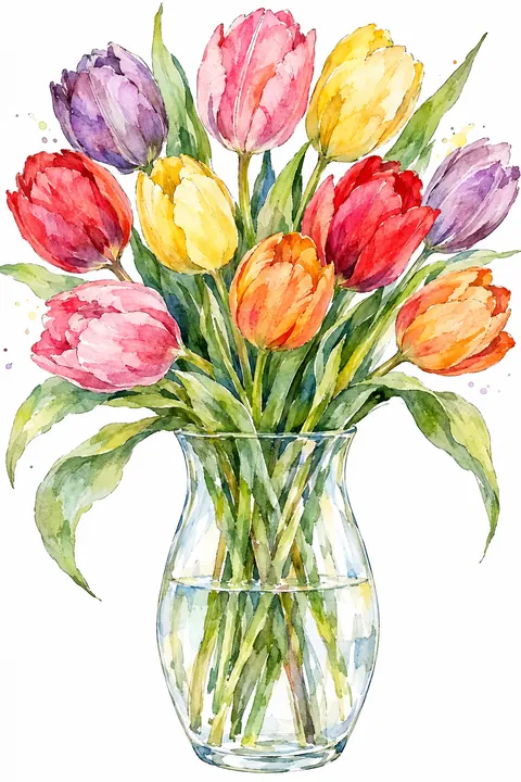 Aquarel van tulpen in een glazen vaas