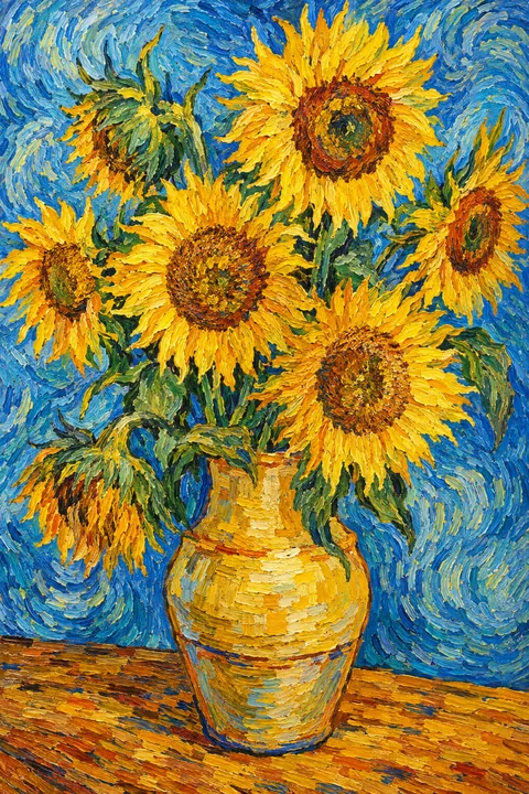 Zonnebloemen in een vaas in Van Gogh-stijl